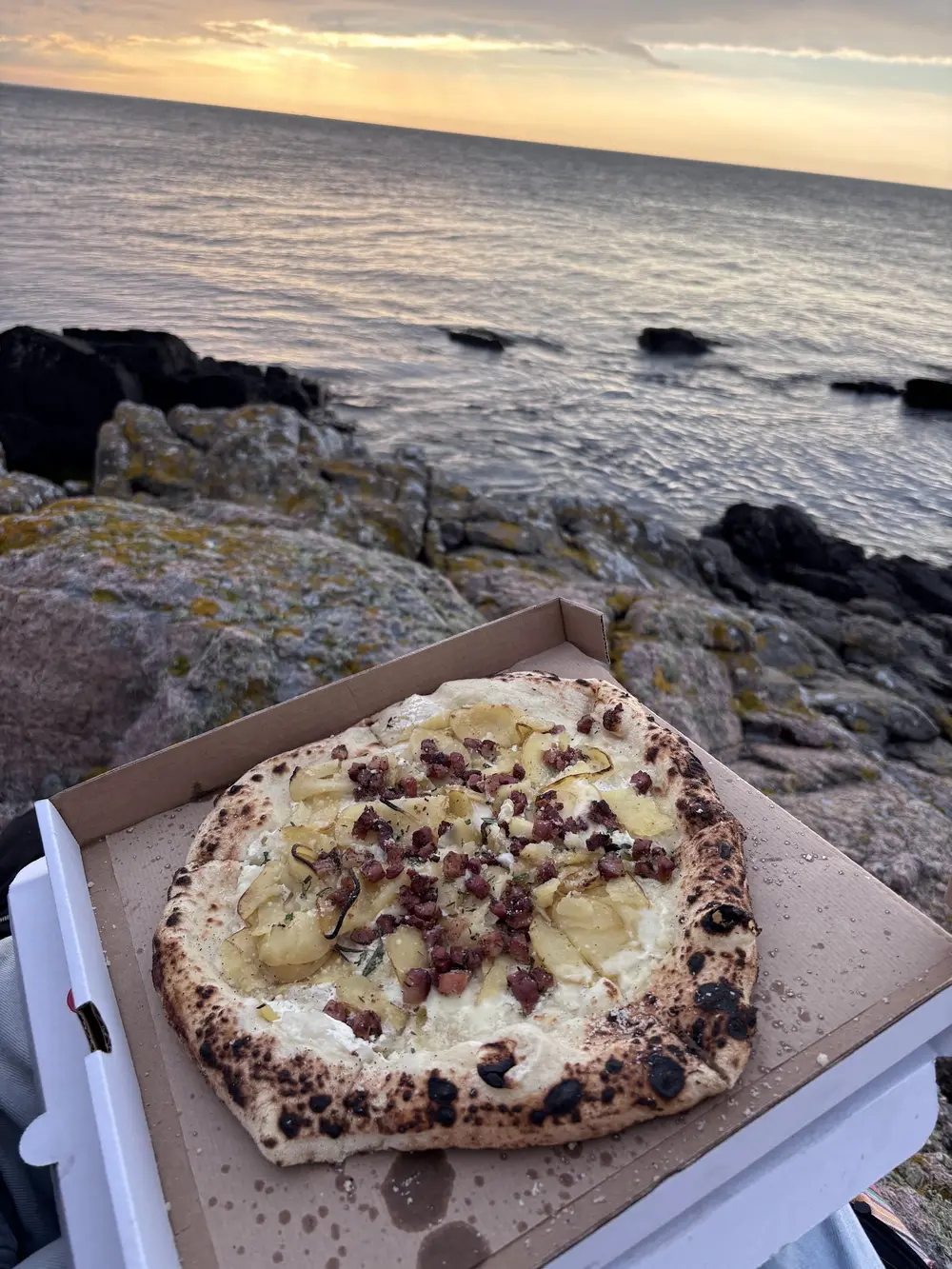 Pizza med prosciutto og ærteskud i æske på græsset